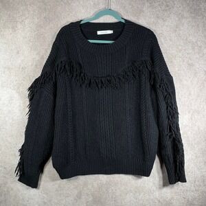 Avantlook Sweater Womens Large Black Fringe Cable Knit Western Boho Crewneck